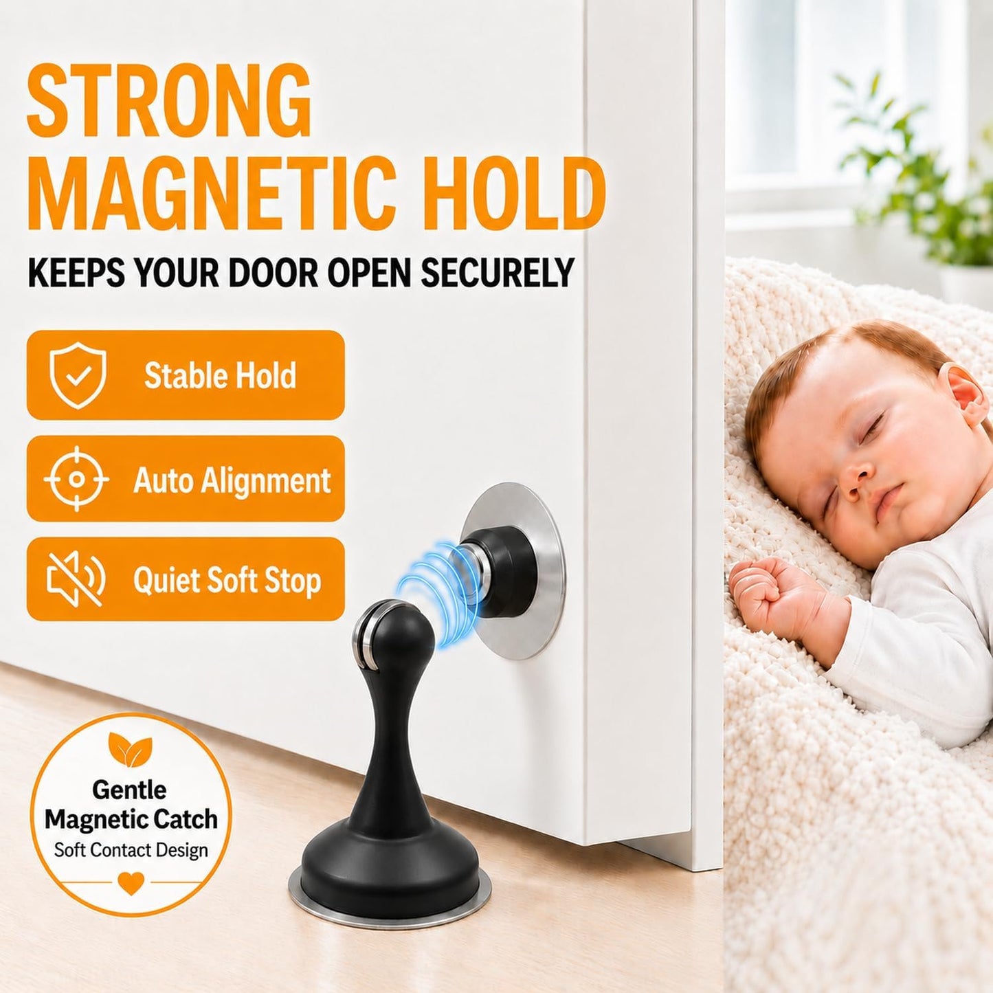 Magnetic Door Stop No Drilling Door Stop with 3D Adhesive Tapes Keep Door Open Door Stainless Steel Screws for Stronger Mount (Black)