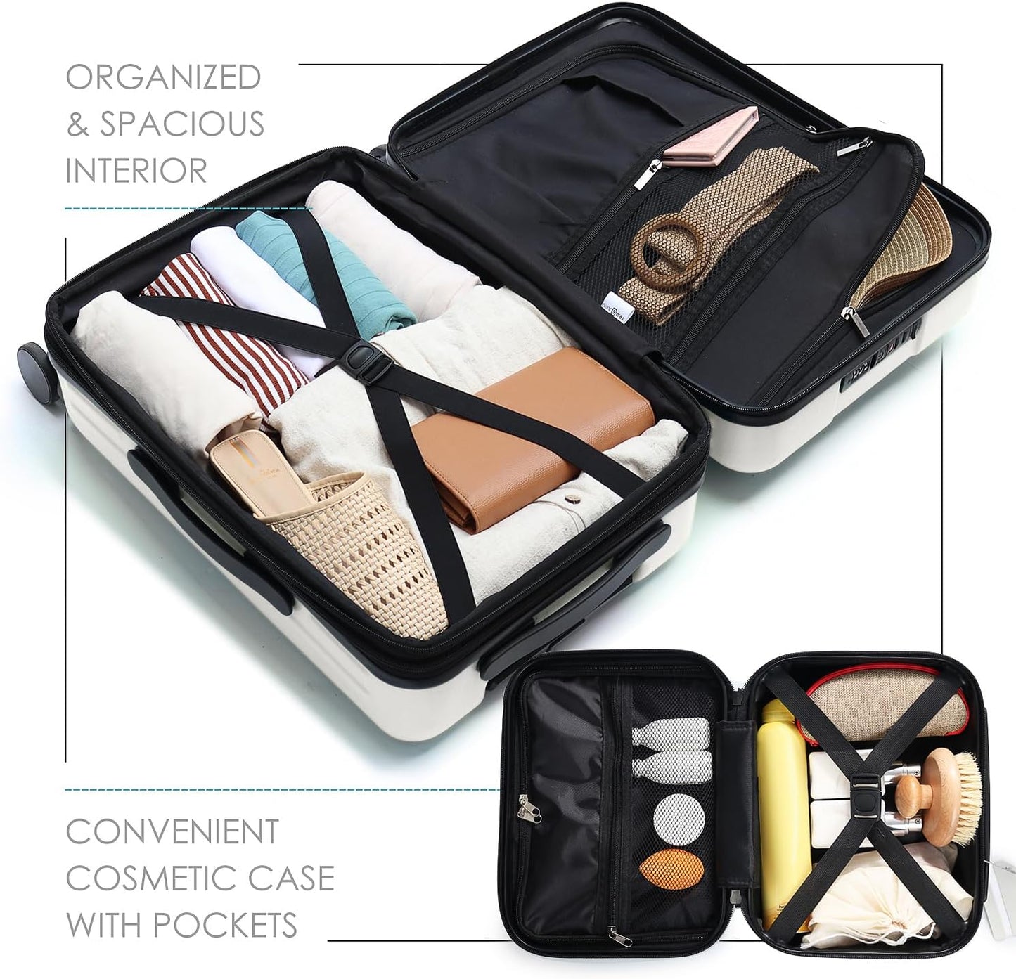 22 Inch Carry on Luggage 22X14X9 Airline Approved, Small Carry on Suitcase, Hard-Shell Carry-On Luggage with Wheels, Durable Expandable White Luggage Carry-On with Cosmetic Case