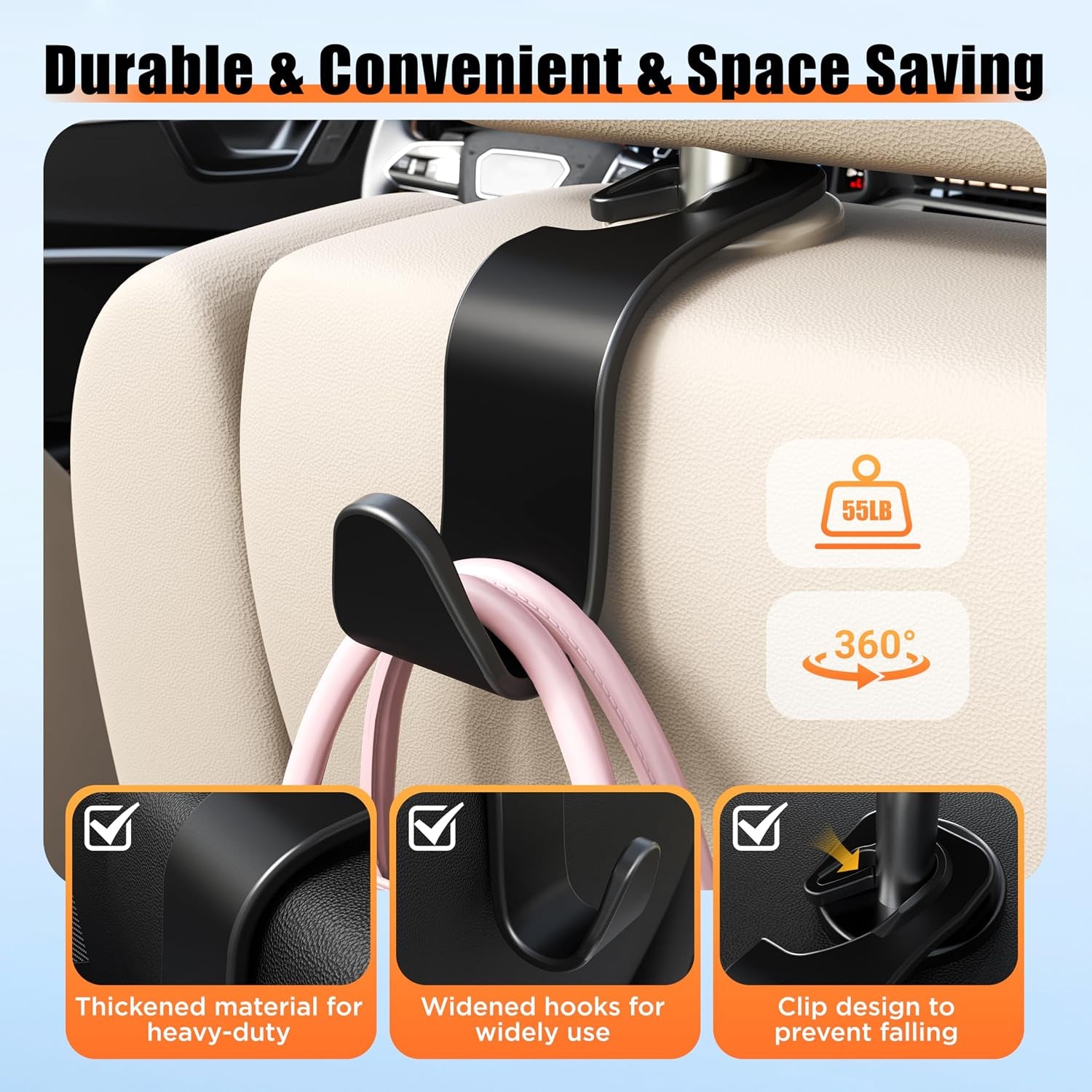 Car Seat Headrest Hook 4 Pack Hanger Storage Organizer Universal for Handbag Purse Coat Universal Fit Vehicle Car Black with Buckle