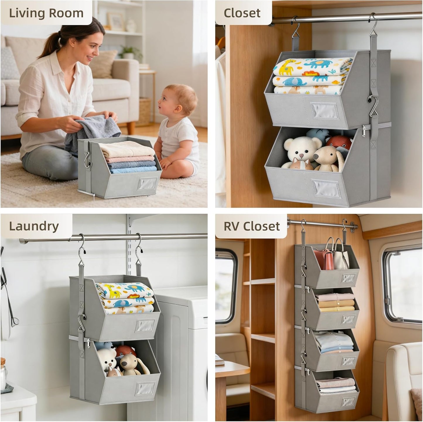 Hanging Closet Organizer 4 Tier, Hanging Shelves for Closet-Hanging Closet Organizer with Stackable Shelves,Versatile Fabric Storage Bins for Bedroom, RV, Nursery,Dorm(Grey)