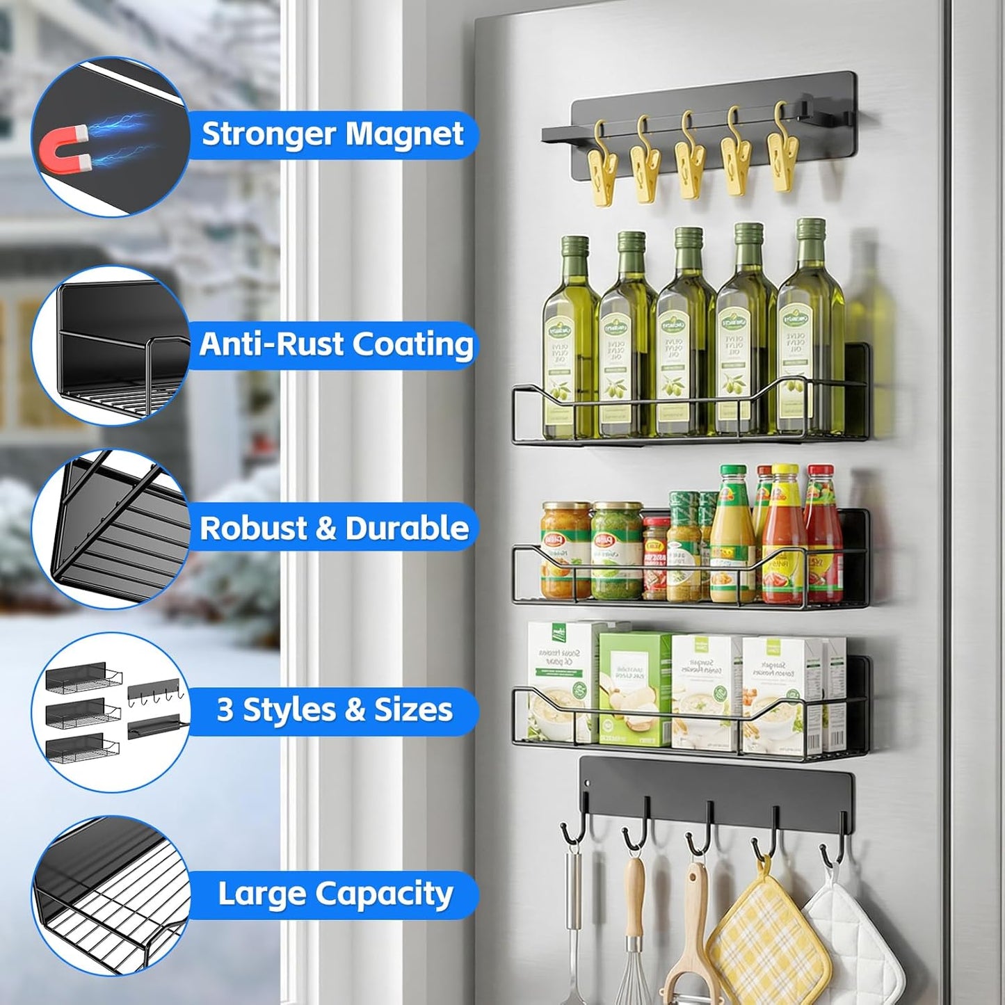 Magnetic Laundry Shelf Organizer, 5 Pack Magnetic Shelves for Washing Machine with Hooks, Heavy Duty Magnetic Storage Rack for Washer, Dryer, Refrigerator, Kitchen, Pantry & Laundry (Grey)