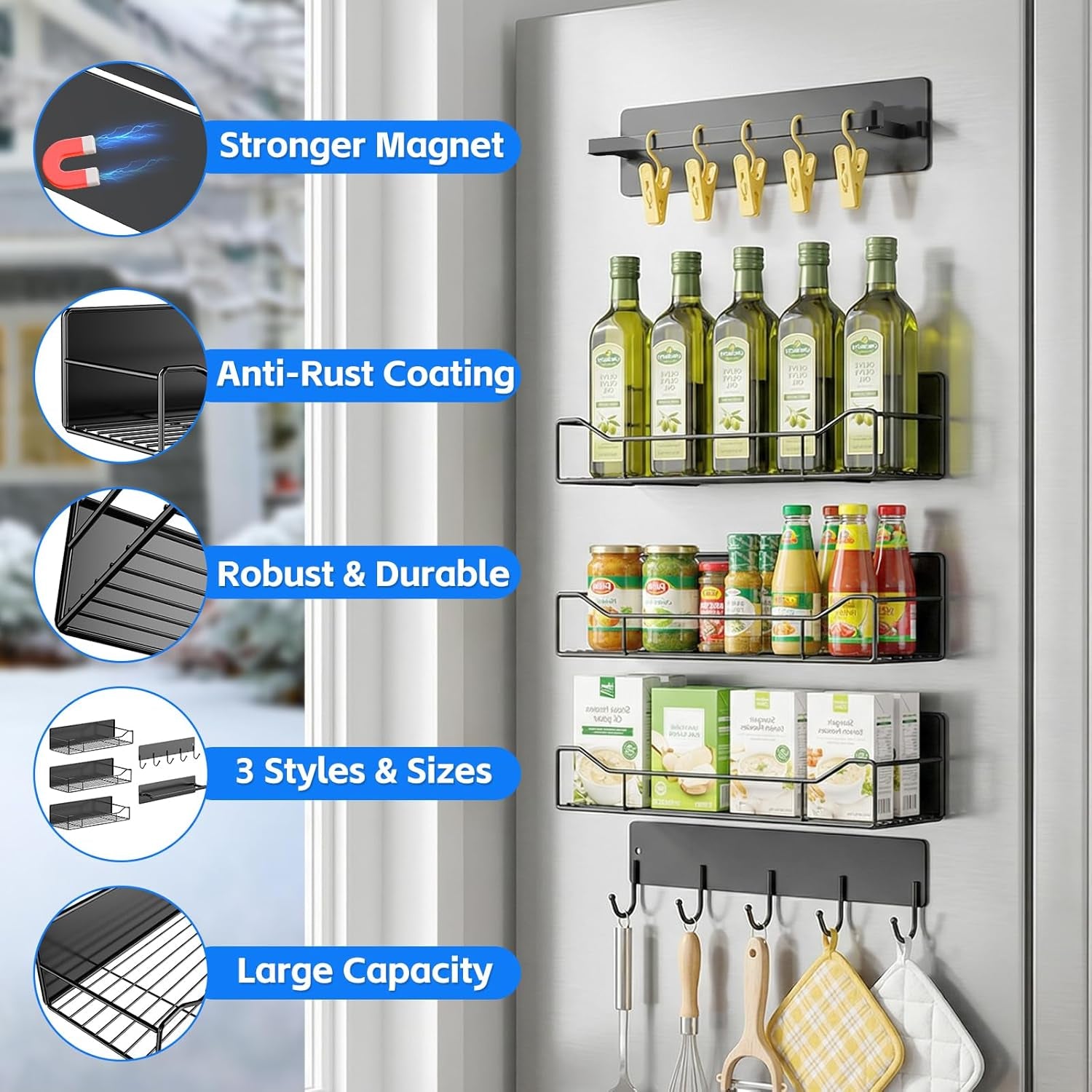 Magnetic Laundry Shelf Organizer, 5 Pack Magnetic Shelves for Washing Machine with Hooks, Heavy Duty Magnetic Storage Rack for Washer, Dryer, Refrigerator, Kitchen, Pantry & Laundry (Grey)