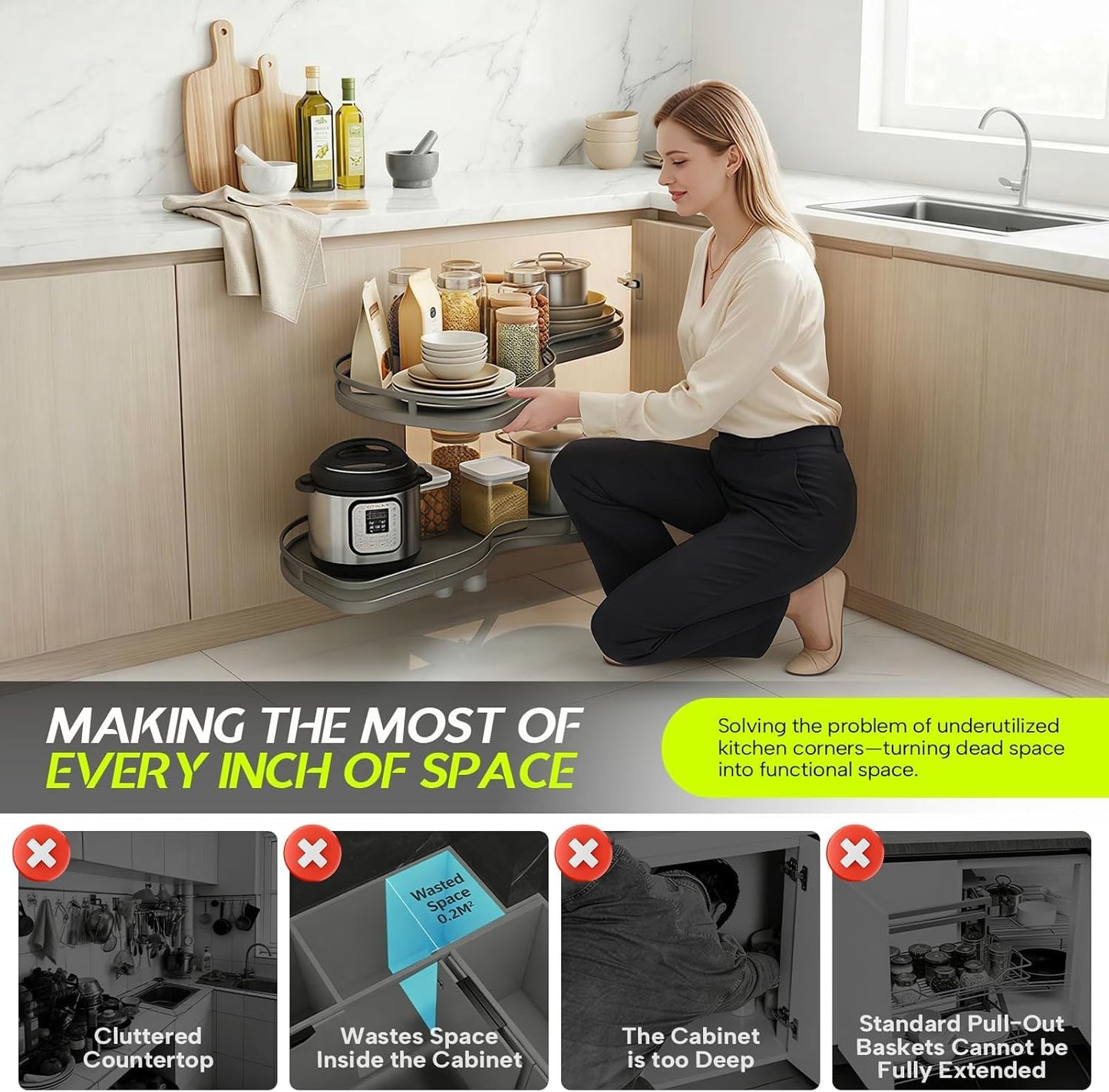 Blind Corner Cabinet Pull Out Organizer, Heavy Duty 2-Tier Soft Close System, Fits 12”-18” Cabinets, Left/Right Adjustable Magic Corner Storage for Kitchen Cabinets