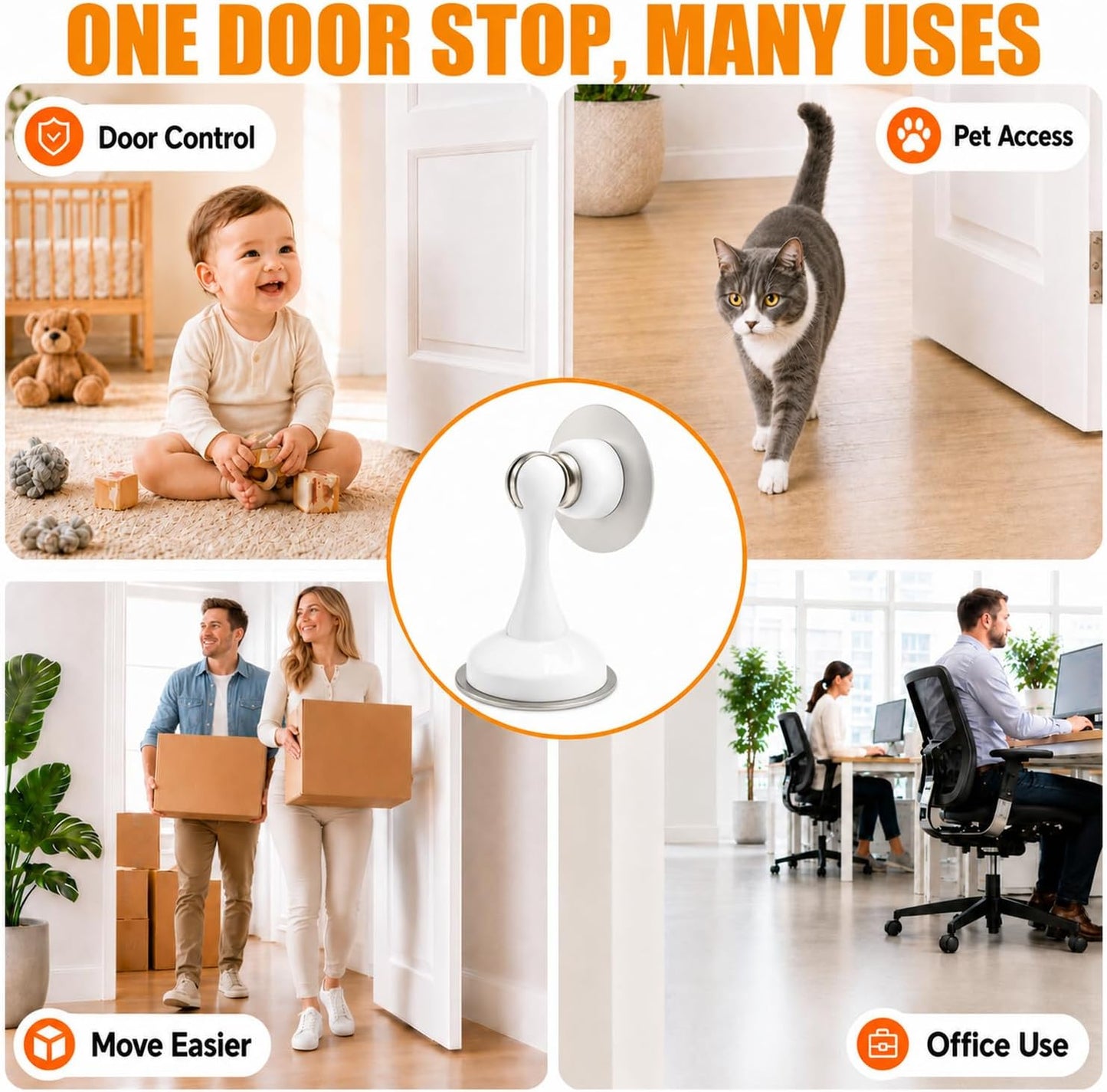 Magnetic Door Stop No Drilling Door Stop with 3D Adhesive Tapes Keep Door Open Door Stainless Steel Screws for Stronger Mount (White)