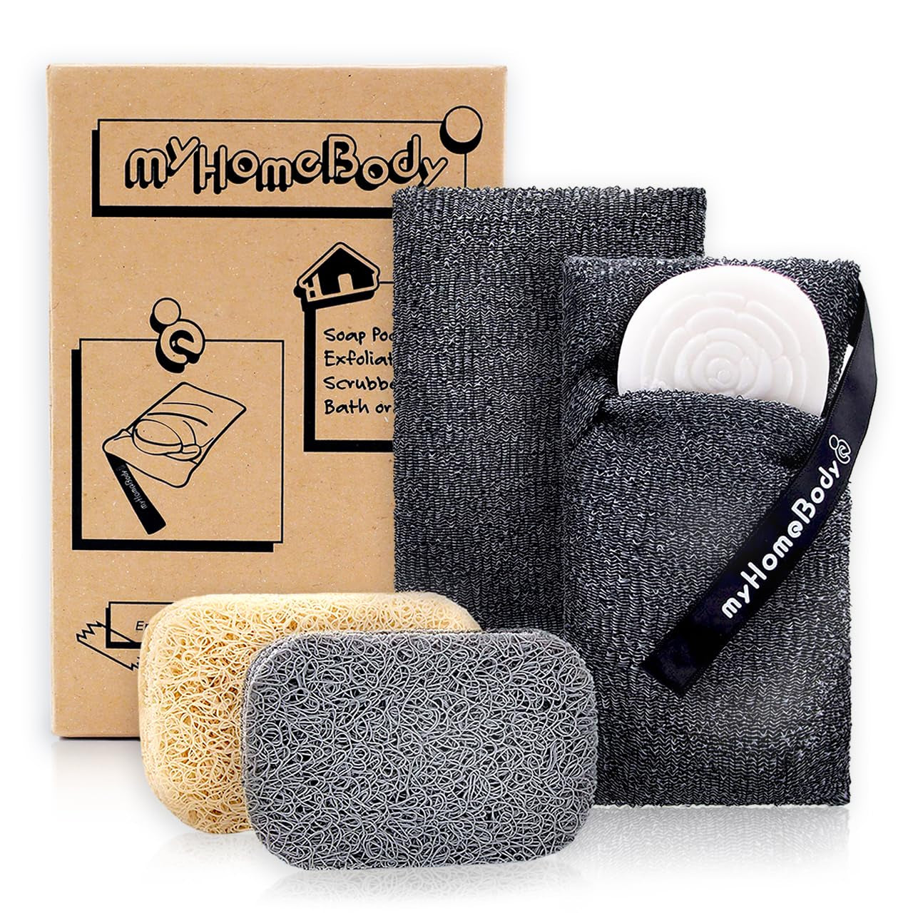 Soap Pocket Exfoliating Pouch, Body Scrubber Sponge, Exfoliator for Bath, Shower or Leftover Bits Saver, Graphite Gray, 2 Pack + 2 Lift Pads | Body Scrubber Sponge, Exfoliator for Bath, Shower or Leftover Bits Saver, Bar Soap Loofah, Bar Soap Pouch, Lofas for Shower