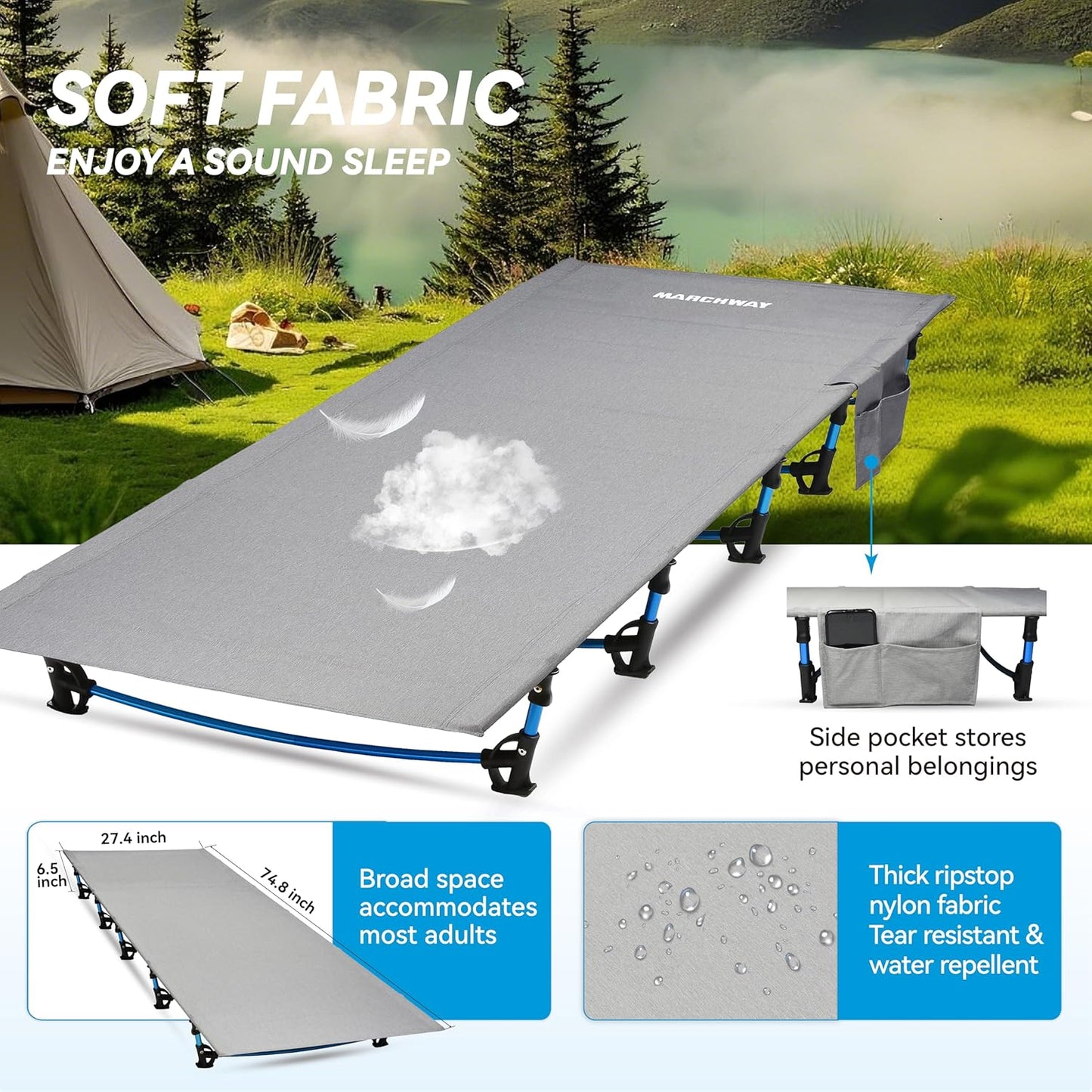 Ultralight Folding Tent Camping Cot Bed, Portable Compact for Outdoor Travel, Base Camp, Hiking, Mountaineering, Lightweight Backpacking (Grey)