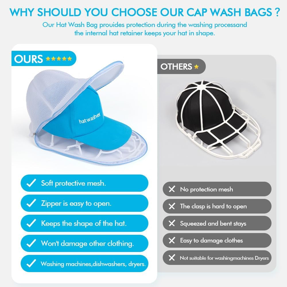 Hat Washer Cage Hats Cleaner, 4Pcs (2 Cages + 2 Bags) Hat Washer for Washing Machine,Suitable for Washing Machines or Dishwashers, Various Sizes of Flat and Curved Baseball Cap Cleaning Machines