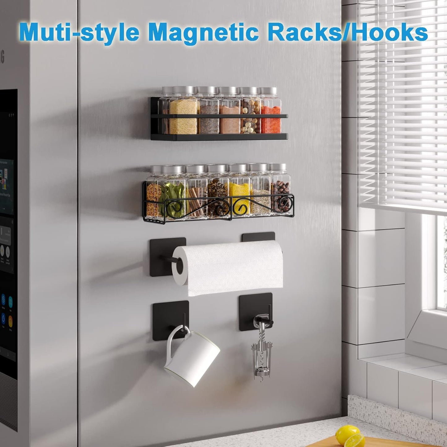 Magnetic Spice Rack Set - Space-Saving Shelf with 2 Hooks for Kitchen Organization - Ideal for Spices, Jars, and Bottles (Black, 2 Pack)