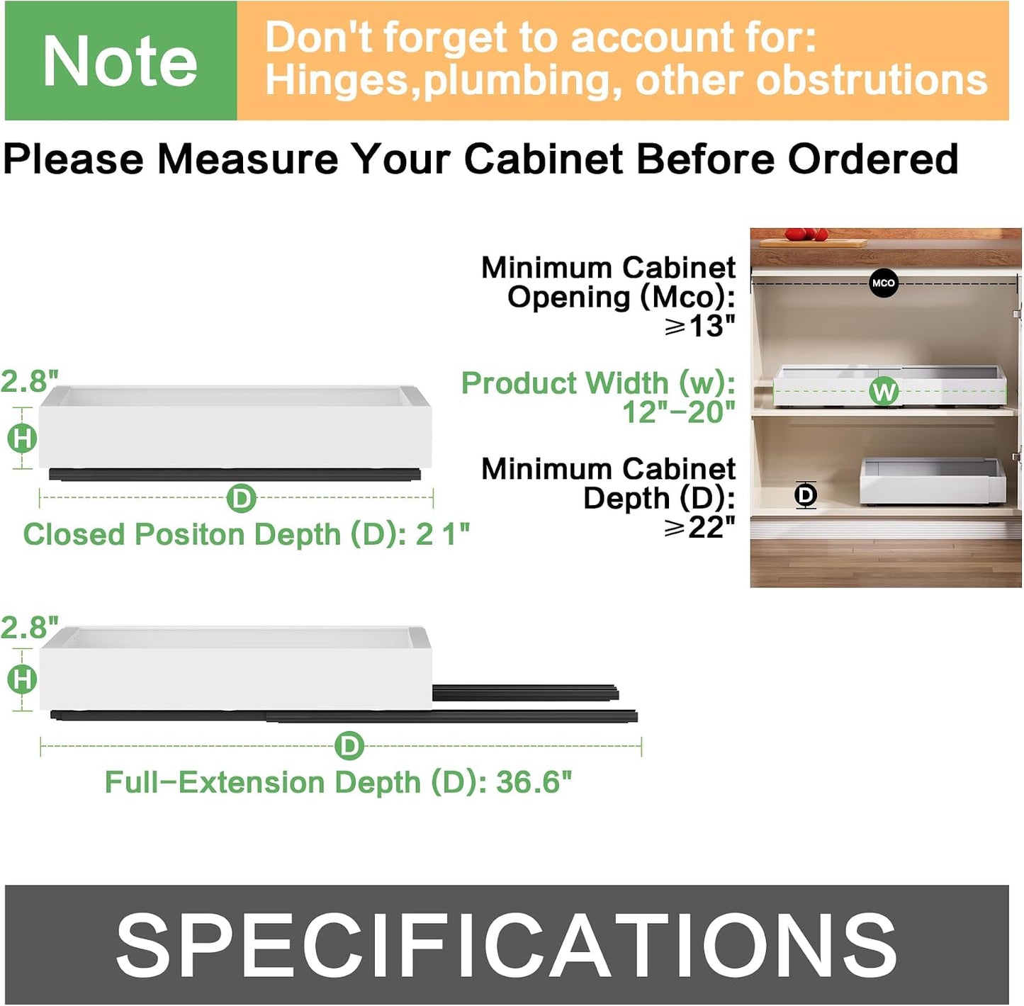 2 Pack Pull Out Cabinet Organizer,Extendable (12"-20") Heavy-Duty Pull-Out Drawers – Secured with Nano Adhesive Tape, Ideal for Cookware Storage, for Kitchen Base Cabinets (21" Dx12-20" W)