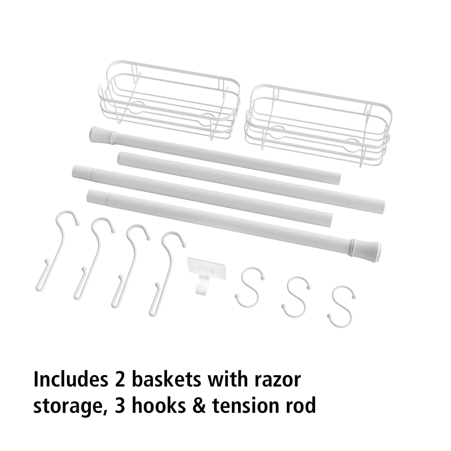 Tension Rod Bath Organizer Pole Caddy, No Tools, 4.85 - 6 Ft., Rust Resistant, White