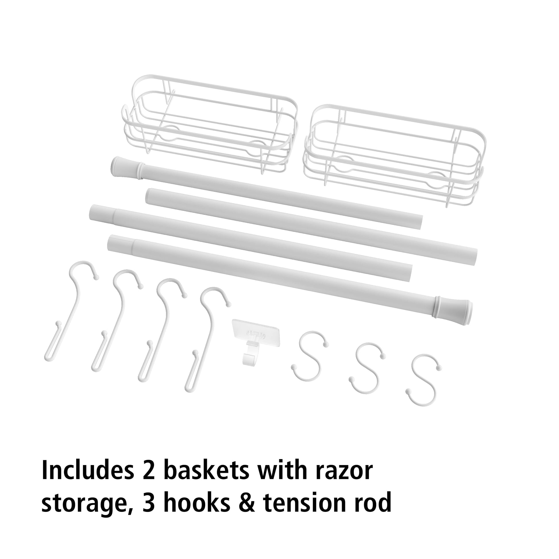 Tension Rod Bath Organizer Pole Caddy, No Tools, 4.85 - 6 Ft., Rust Resistant, White