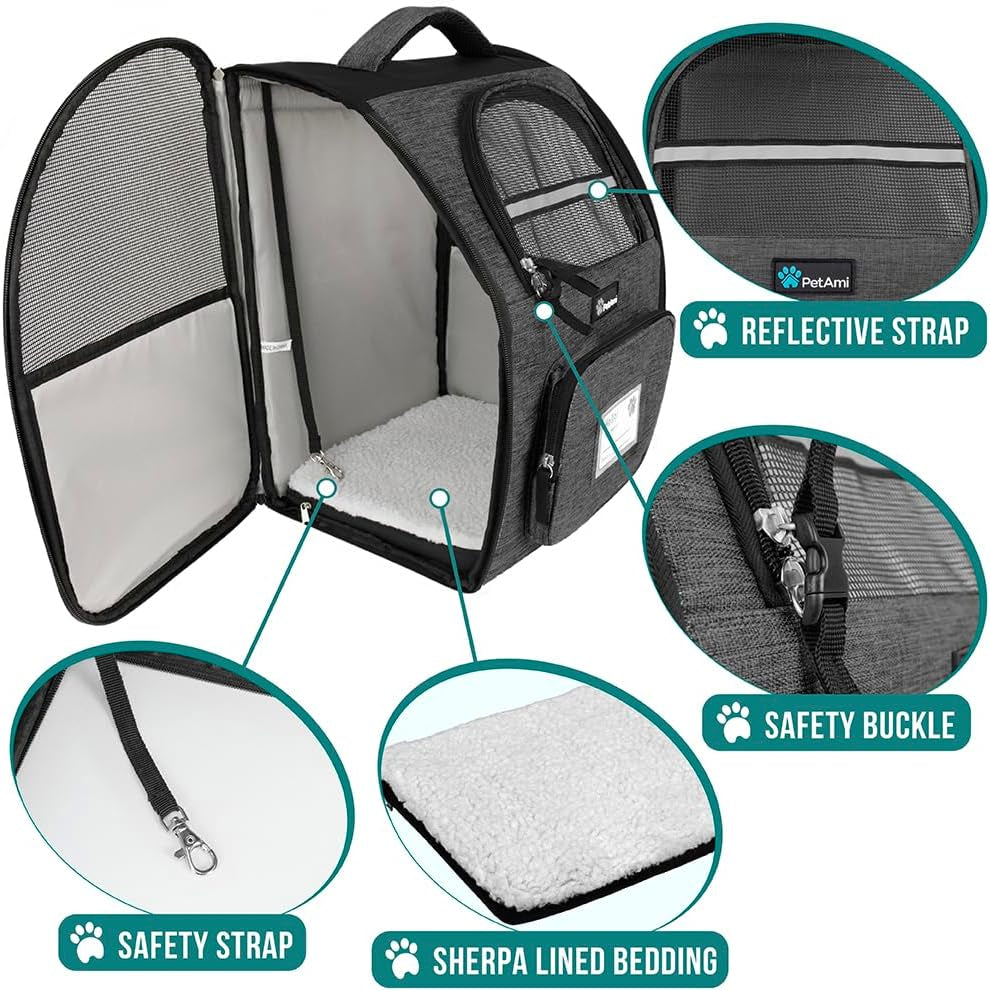 Dog Backpack Carrier for Small Medium Dogs Large Cats up to 18 Lbs, 2 Side Entry, Structured No-Collapse Frame, Airline Approved Ventilated Pet Backpack for Hiking Camping Travel, Charcoal