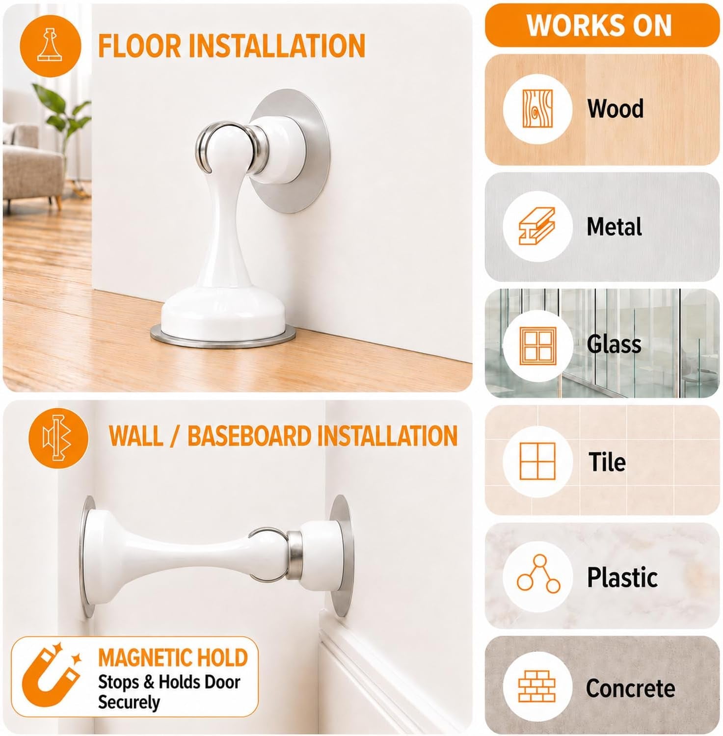 Magnetic Door Stop No Drilling Door Stop with 3D Adhesive Tapes Keep Door Open Door Stainless Steel Screws for Stronger Mount (White)