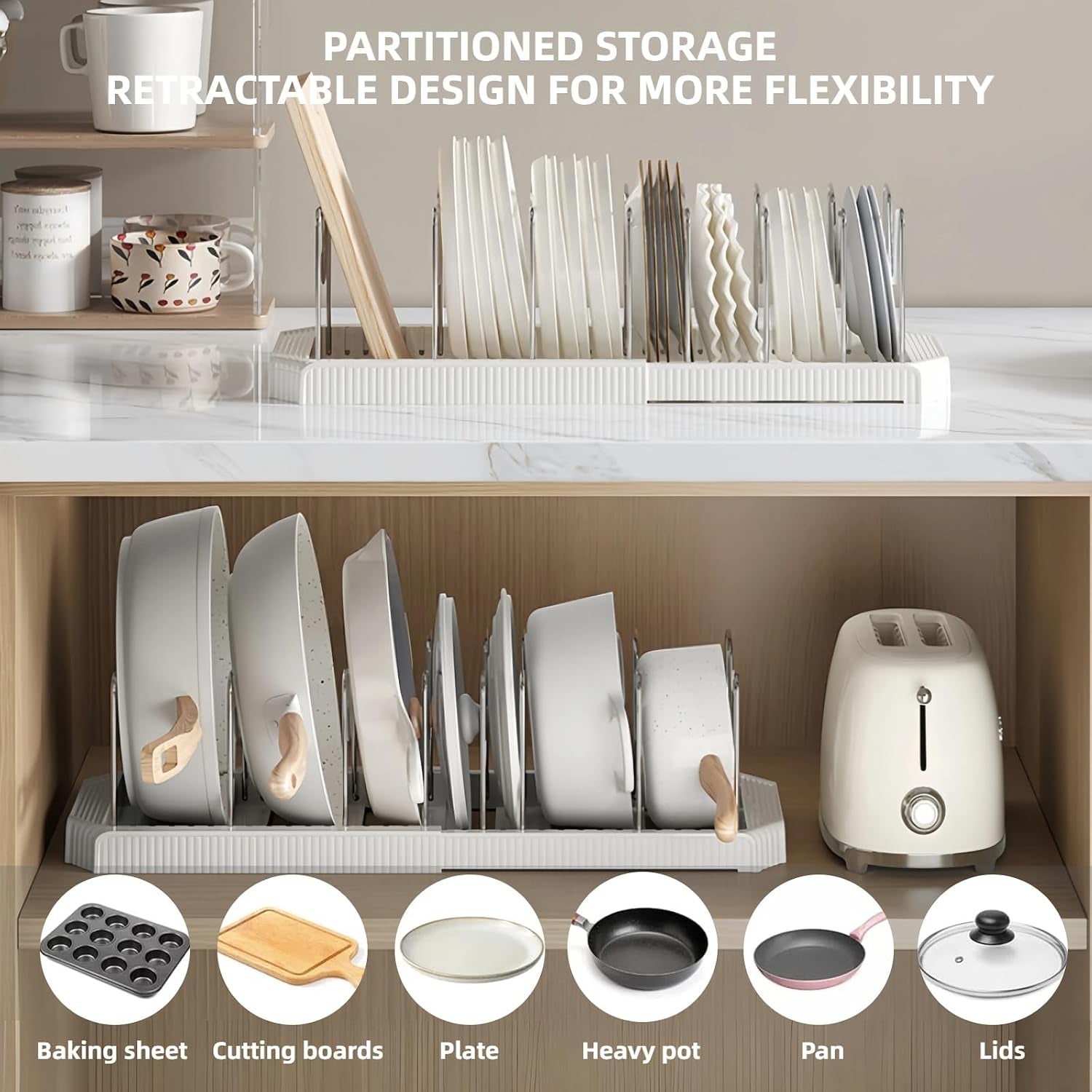 Expandable Pot and Pan Organizer Rack for Kitchen Cabinet or under Sink, Adjustable Lid Holder with 7 Dividers, Space-Saving Storage for Renters, Small Homes, and Busy Cooks, White