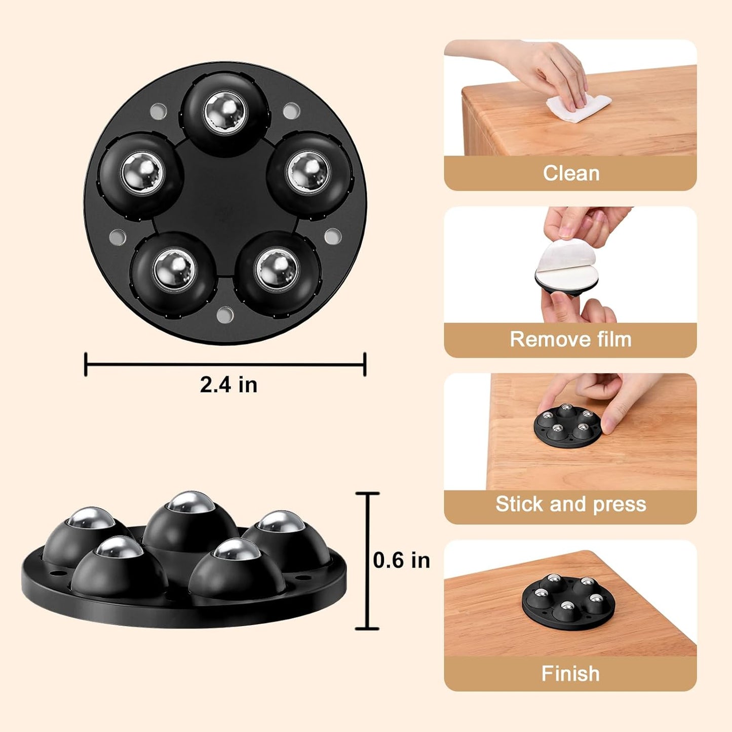 Self Adhesive Caster Wheel 2 Inch, 360° Swivel Universal Wheels, Mini Adhesive Caster Wheels, Low Profile Swivel Wheels for Furniture,Storage Box,Coffee Maker,Pc (4 Pcs, Black)