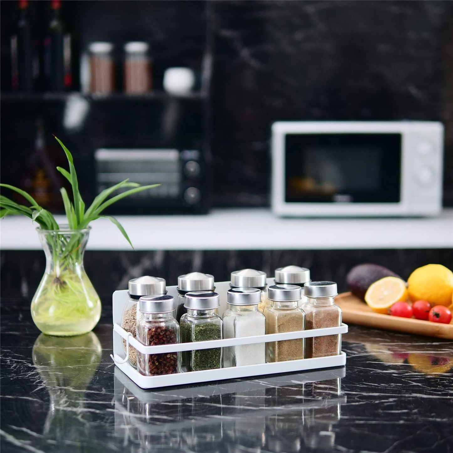 Magnetic Spice Rack - Space-Saving Shelf with 2 Removable Hooks, Ideal for Small Kitchens & Apartments, Perfect for Spices & Jars (White, 2 Pack)