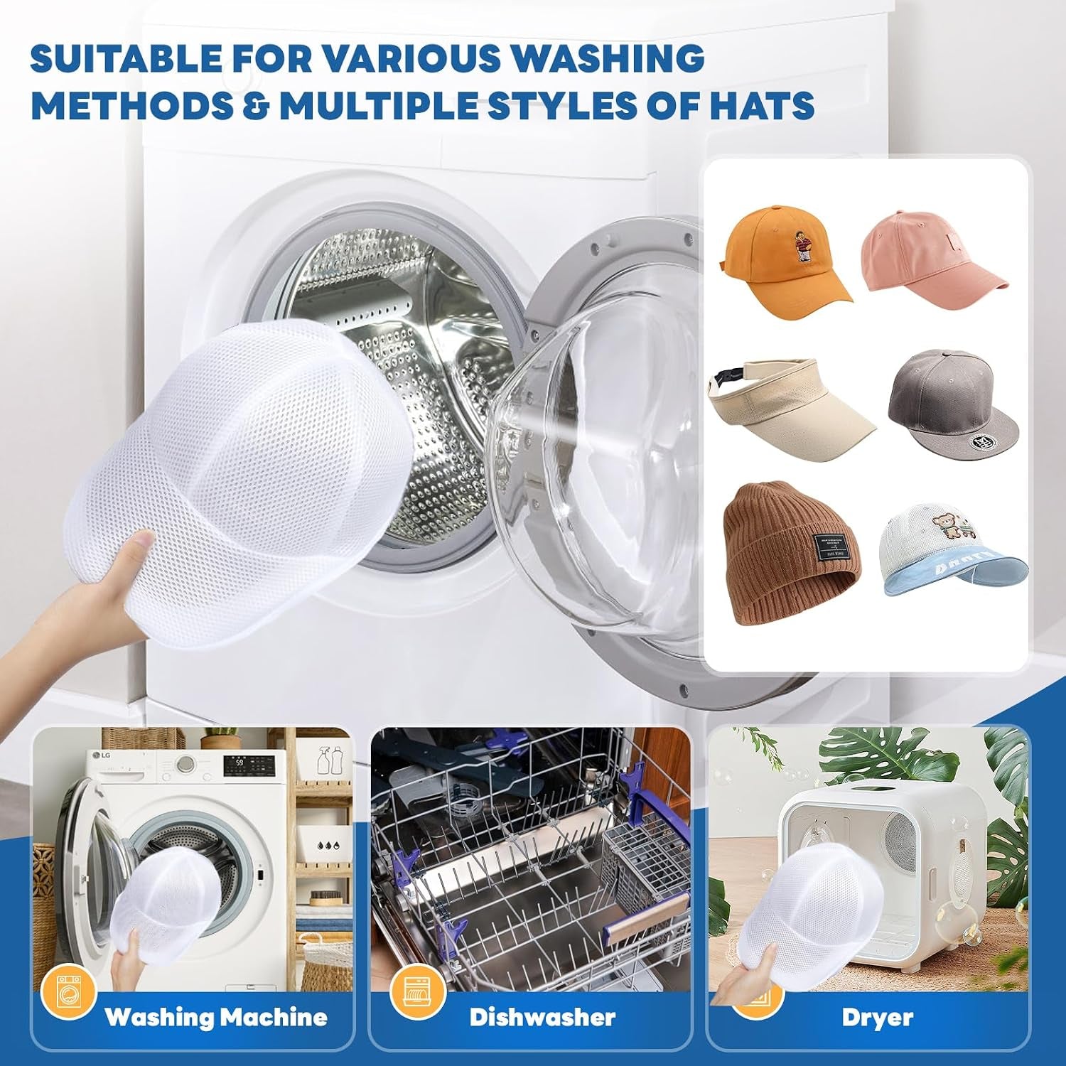 Upgraded Hat Washer Cage with Protective Mesh Bag, Pure White 2P | Durable Hats Cleaner for Caps, Hat Cleaner for Baseball Caps - Reusable, Fixed Holder, Prevents Deformation, Fits Most Hats