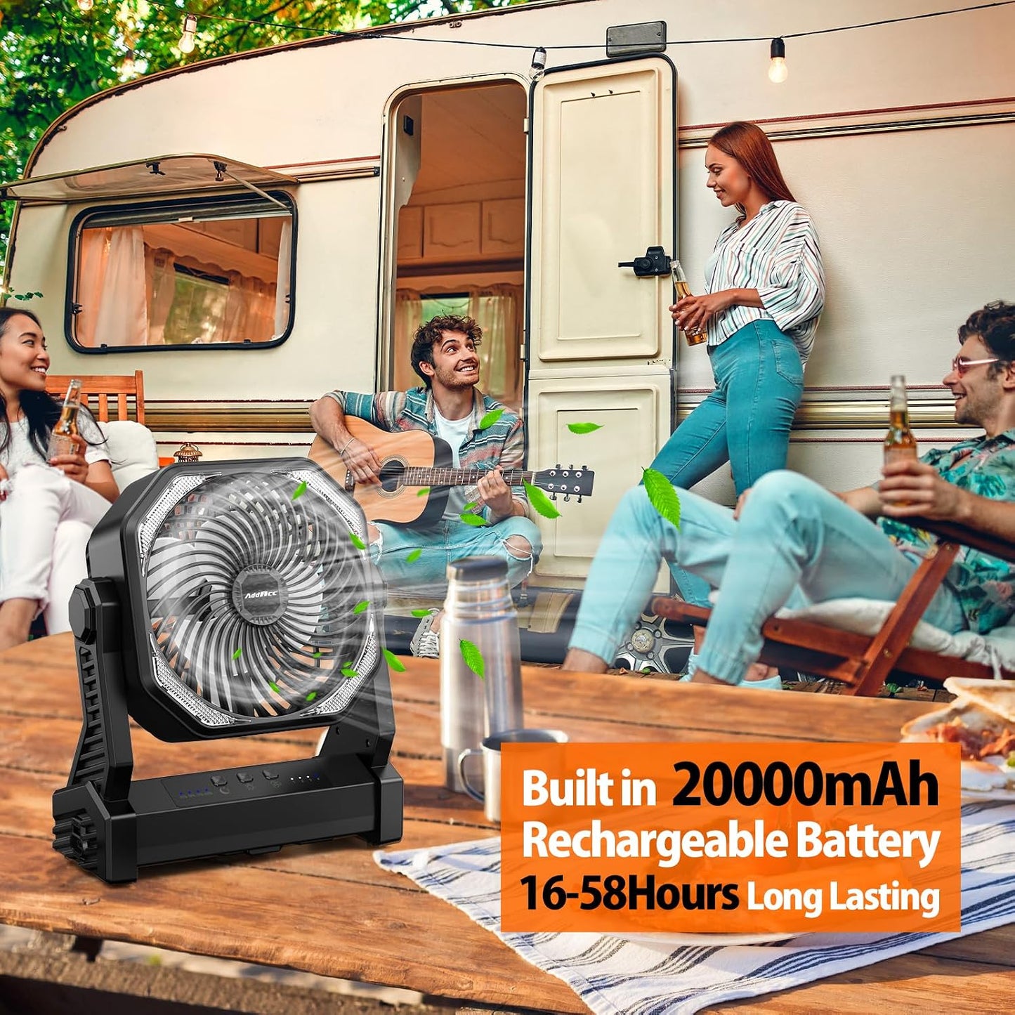 Battery Powered Camping Fan, Battery Operated Fan, Travel Gear Essentials | 20000Mah Rechargeable Battery, 58Hrs Runing, 400LM Light & 360° Rotable Hook, Whisper Quiet Fan for Outdoor Power Outages