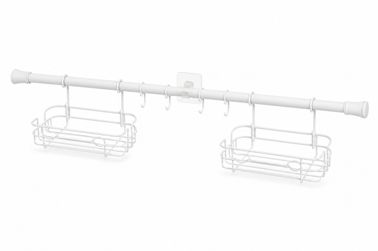 Tension Rod Bath Organizer Pole Caddy, No Tools, 4.85 - 6 Ft., Rust Resistant, White