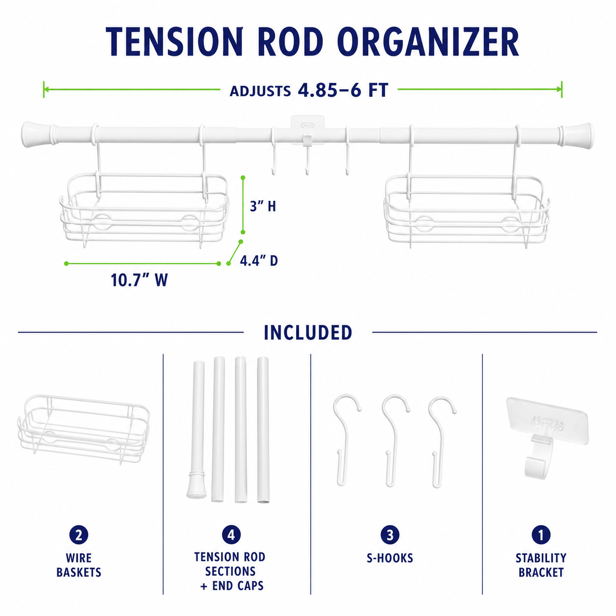 Tension Rod Bath Organizer Pole Caddy, No Tools, 4.85 - 6 Ft., Rust Resistant, White