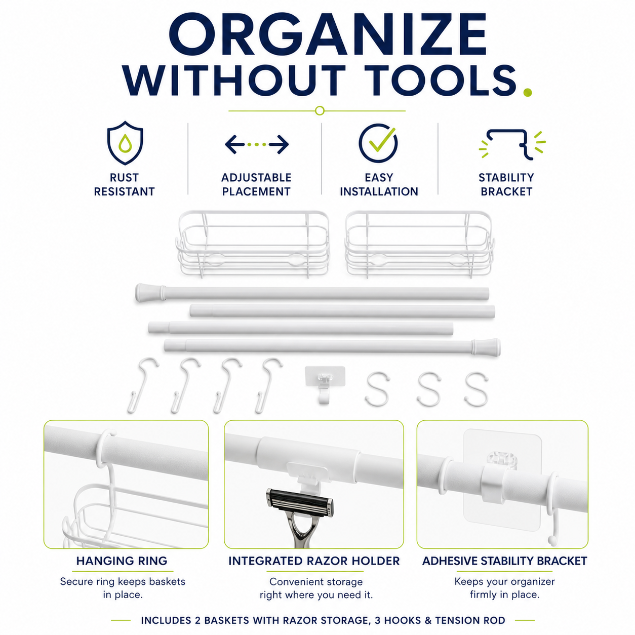 Tension Rod Bath Organizer Pole Caddy, No Tools, 4.85 - 6 Ft., Rust Resistant, White