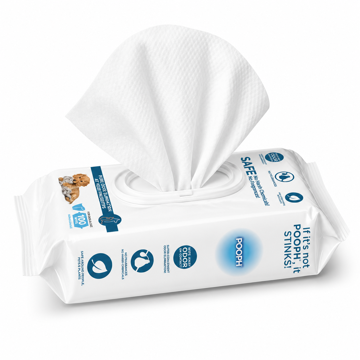A package of white pet cleaning wipes with one wipe pulled out from the top, shown on a clean white background. The packaging features blue text and icons, including 'POOPH' and 'If it's not poop, it stinks!'.