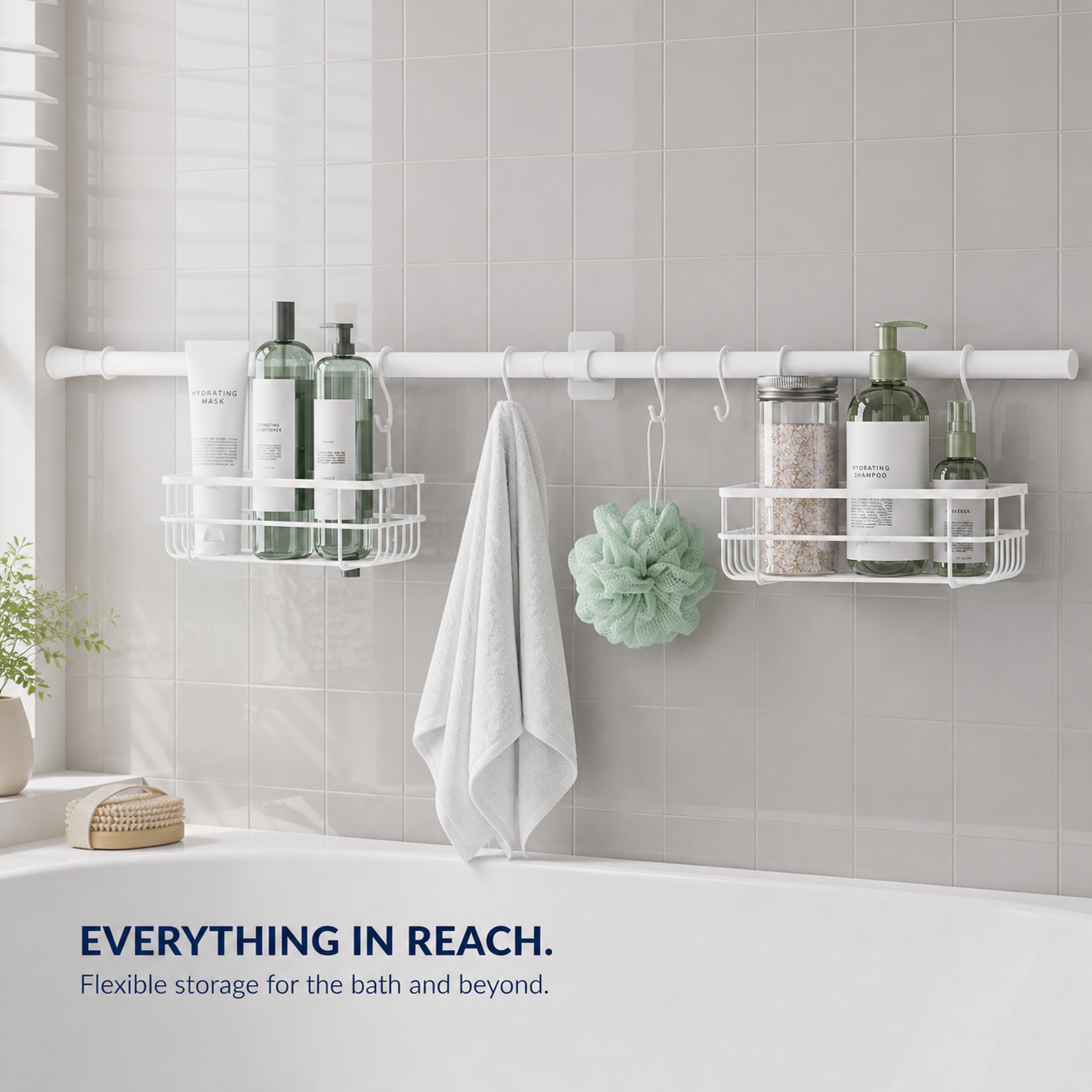 Tension Rod Bath Organizer Pole Caddy, No Tools, 4.85 - 6 Ft., Rust Resistant, White