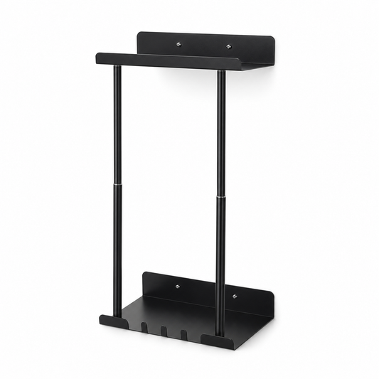 Adjustable Wall-Mounted Towel Rack with Shelf and Hooks, Metal Bathroom Storage for Large Towels and Washcloths, Black