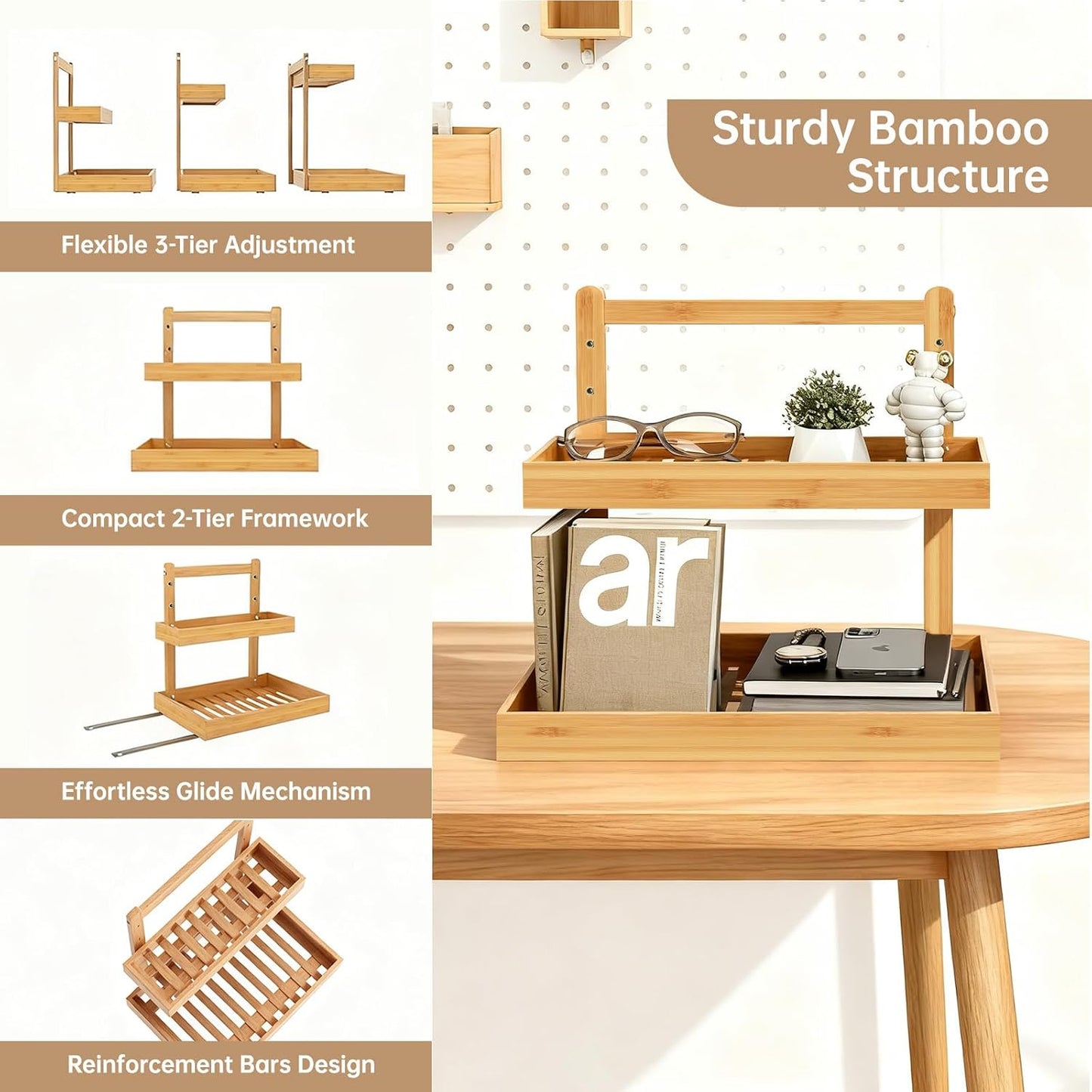 2-Tier under Sink Pull Out Organizer, Bamboo Cabinet Storage Shelf with Adjustable Height, Slide Out for Kitchen Bathroom Pantry (Natural, 1 Pack)