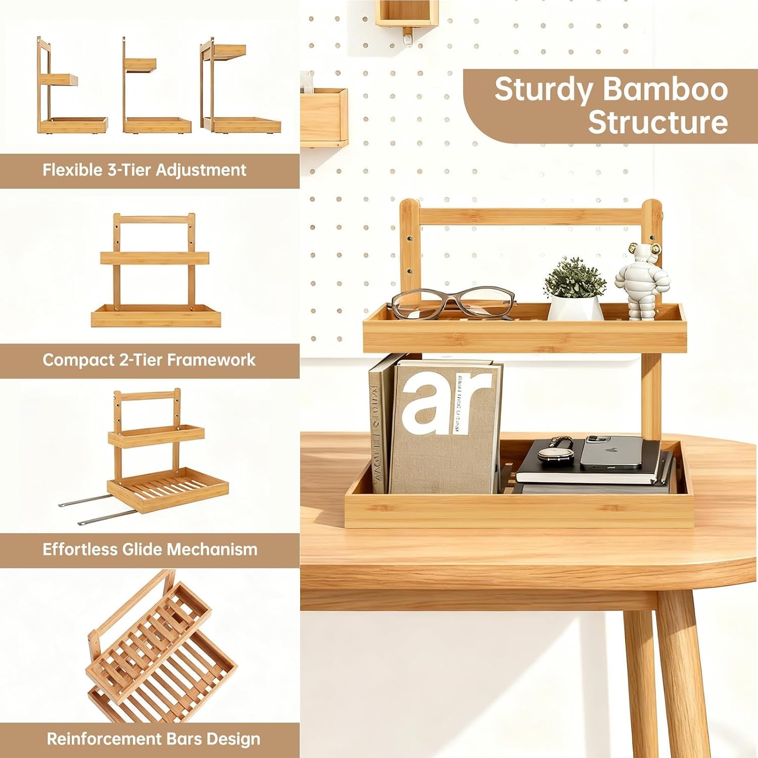 2-Tier under Sink Pull Out Organizer, Bamboo Cabinet Storage Shelf with Adjustable Height, Slide Out for Kitchen Bathroom Pantry (Natural, 1 Pack)