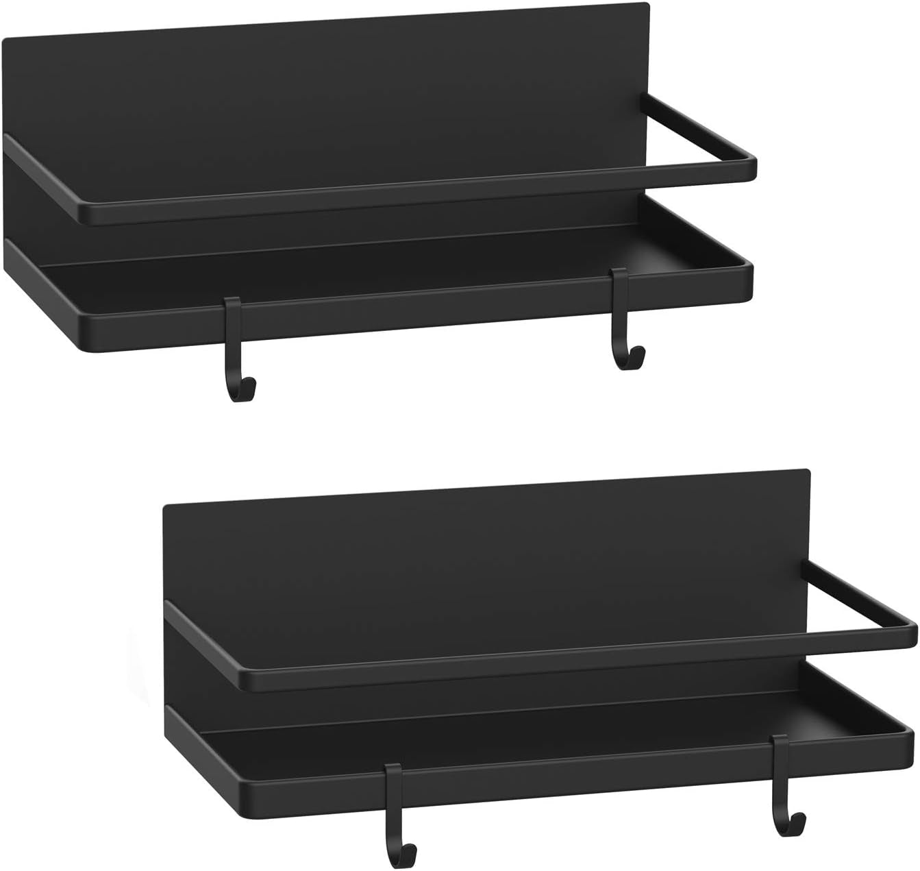 Magnetic Spice Rack Set - Space-Saving Shelf with 2 Hooks for Kitchen Organization - Ideal for Spices, Jars, and Bottles (Black, 2 Pack)