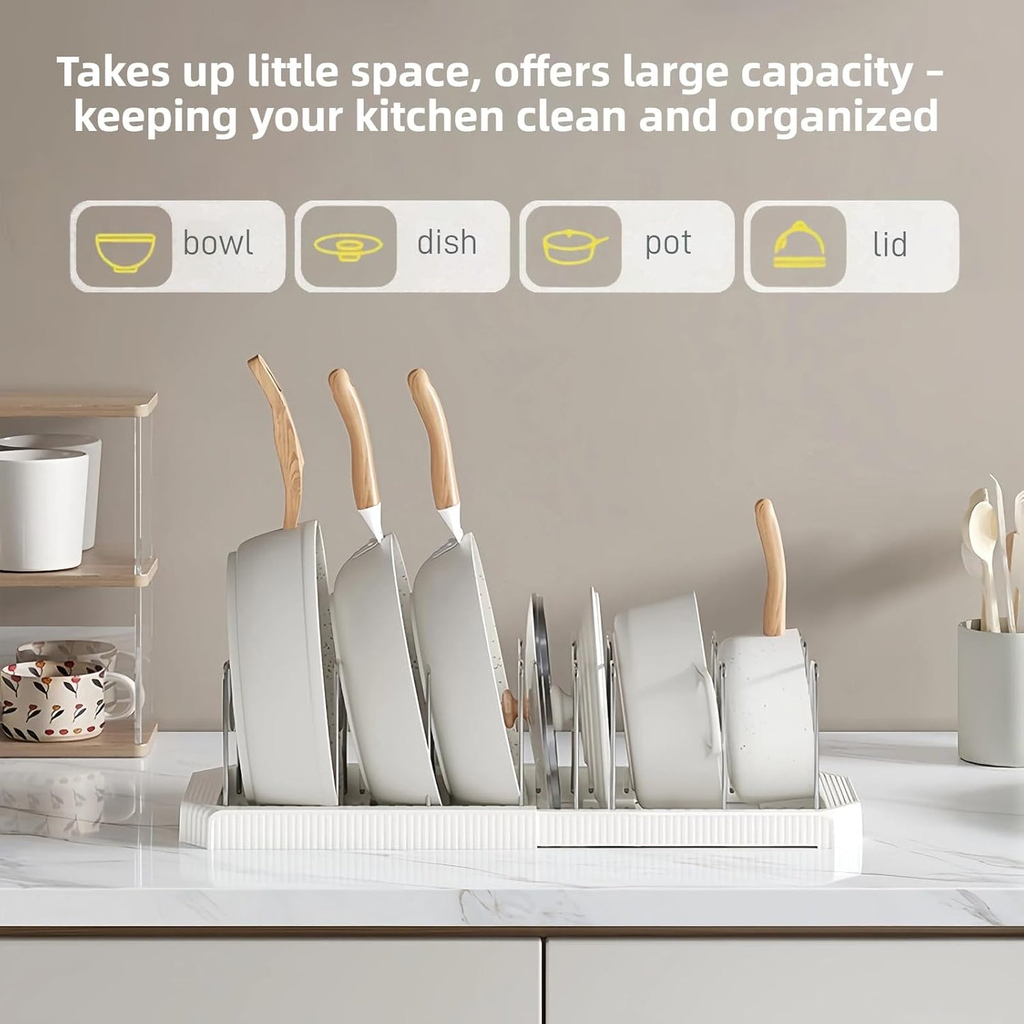 Expandable Pot and Pan Organizer Rack for Kitchen Cabinet or under Sink, Adjustable Lid Holder with 7 Dividers, Space-Saving Storage for Renters, Small Homes, and Busy Cooks, White