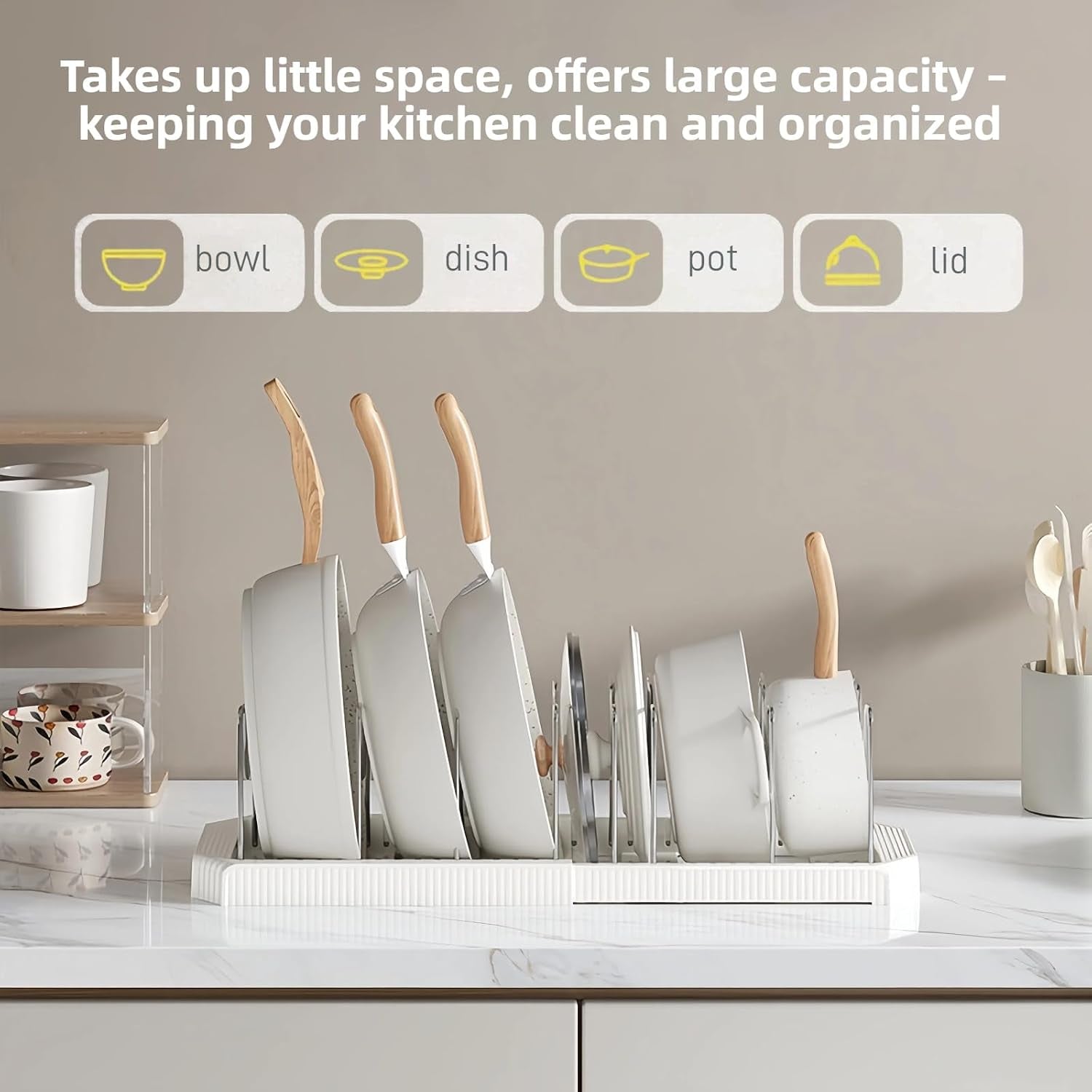 Expandable Pot and Pan Organizer Rack for Kitchen Cabinet or under Sink, Adjustable Lid Holder with 7 Dividers, Space-Saving Storage for Renters, Small Homes, and Busy Cooks, White