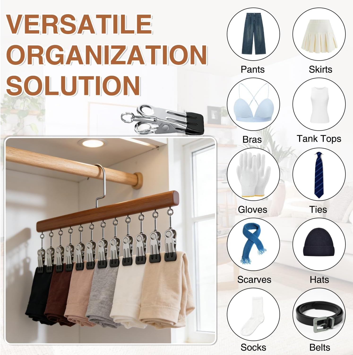Closet Organizer with 10 Clips,Space Saving Hanging Closet Organizer,360° Rotating Metal S with Silicone Lining,Hanging Rack for Clothes, Socks, Hats (12 Clips, 1PCS)
