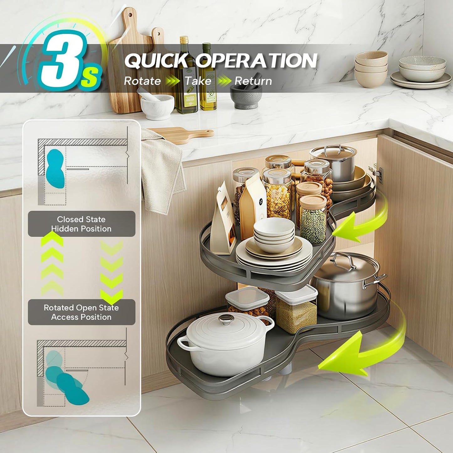 Blind Corner Cabinet Pull Out Organizer, Heavy Duty 2-Tier Soft Close System, Fits 12”-18” Cabinets, Left/Right Adjustable Magic Corner Storage for Kitchen Cabinets