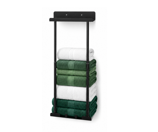 Adjustable Wall-Mounted Towel Rack with Shelf and Hooks, Metal Bathroom Storage for Large Towels and Washcloths, Black